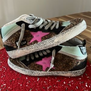 Golden Goose AUTHENTIC Fuzzy Leopard Midstars with teal and pink star 37/7